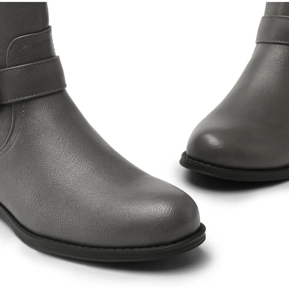 Women's Faux Leather Grey Knee High Buckle Chunky Heel Flat Riding Pirate Boots